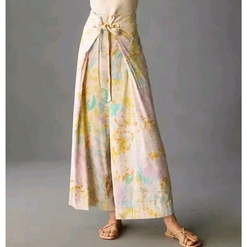 Anthropologie Maeve Wide Leg Linen Wrap Pants 2P Petite Floral Tie Boho NWT